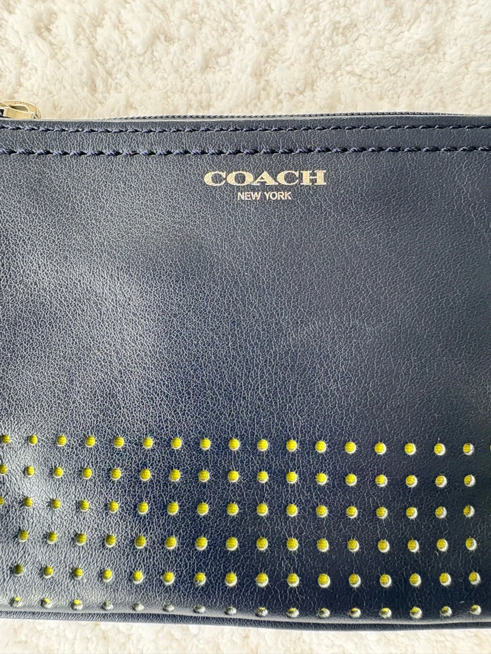 Coach Legacy Navy Bright Neon Yellow Perforated Leather Zip Wristlet